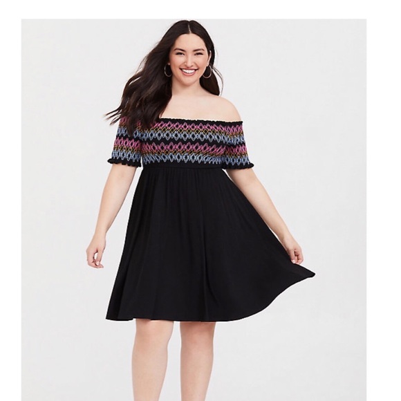 Torrid Black Embroidered Jersey Off Shoulder Dress - Picture 4 of 7